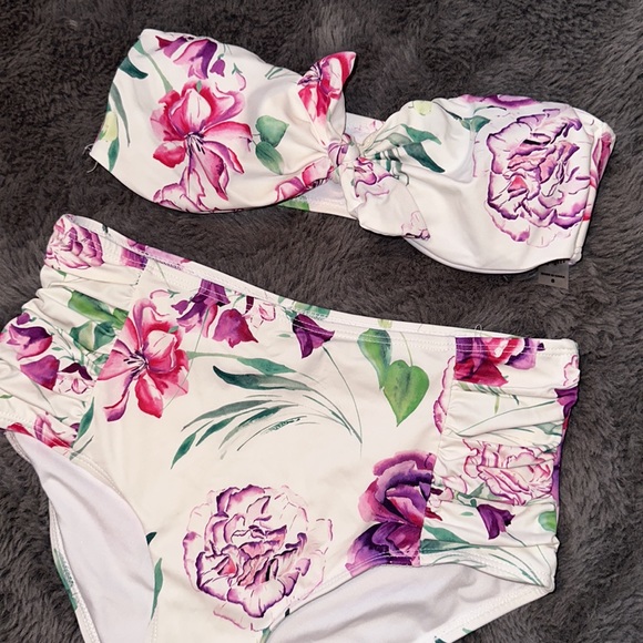 TiniBikini Floral Bandeau Bow Bikini Top & High Waisted Ruched Bottoms - Picture 2 of 6
